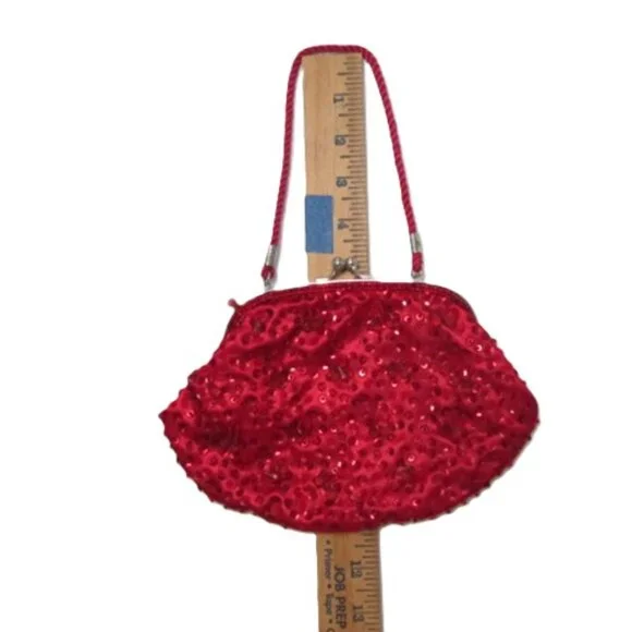Red Beaded Evening Bag Clucth with handle - Picture 6 of 7